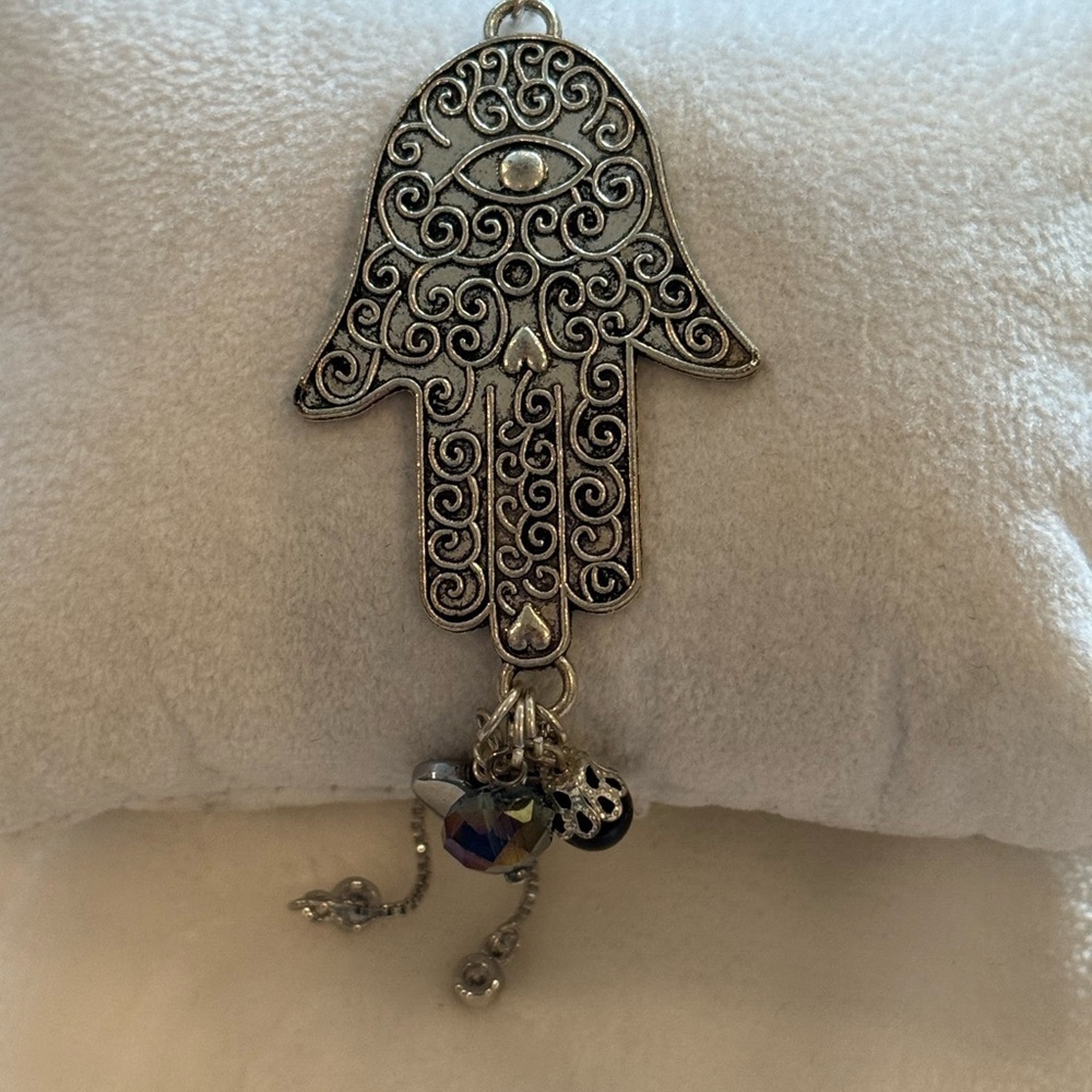 Adjustable Silver Hamsa Bracelet W/ Wrapped Charms – Filigree Protection Jewelry